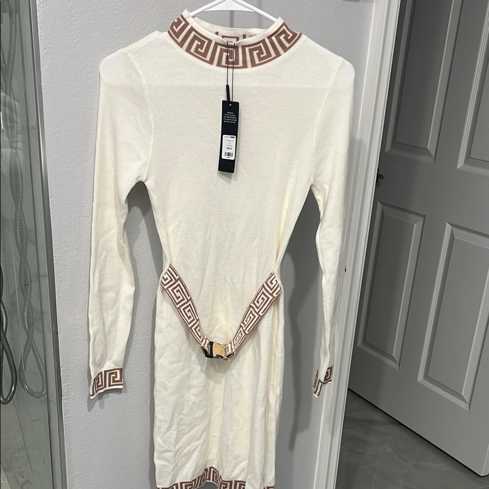 Elegant White Dress with Brown Accents